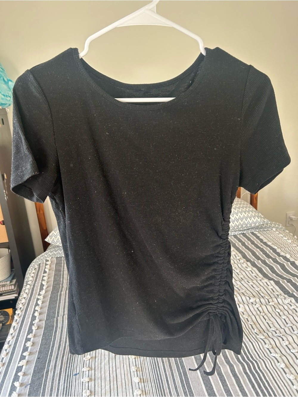 Amazon Black Short Sleeve Ruched Side Tie Top - Women